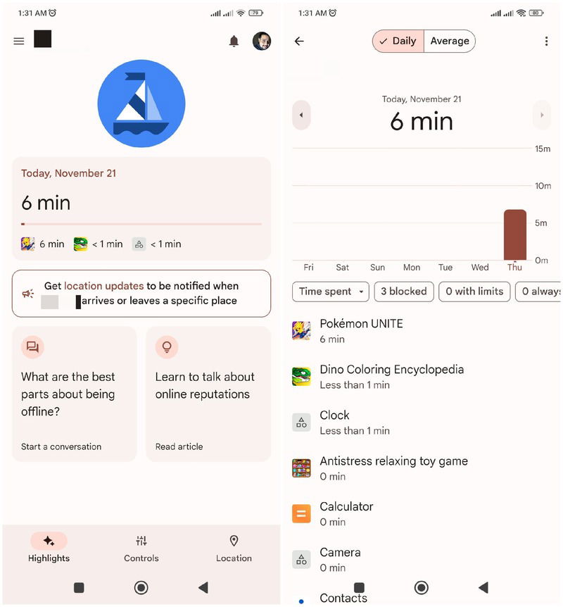 Отчёт об использовании в Family Link за текущий день