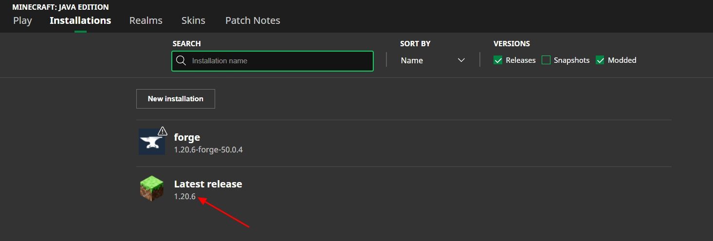 Запись Latest Release на вкладке Installations в лаунчере.
