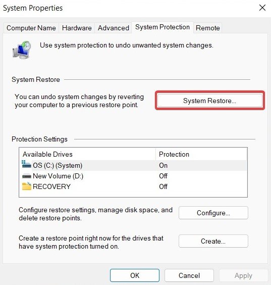 Нажмите кнопку Восстановление системы