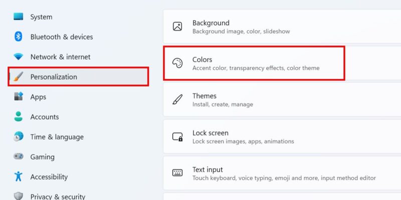 Параметры цвета в разделе «Персонализация» Windows