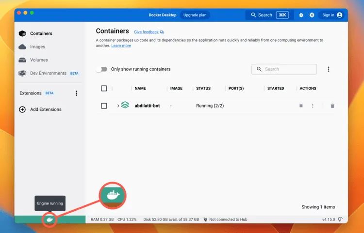 Окно уведомления: Docker Engine запущен