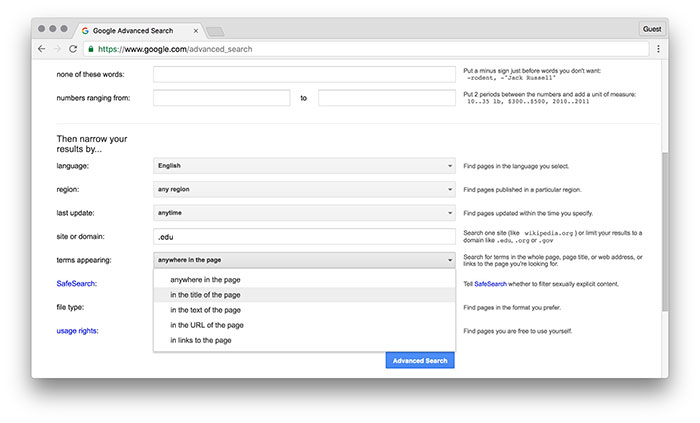 Опция поиска по заголовку страницы, выделена коробка для intitle