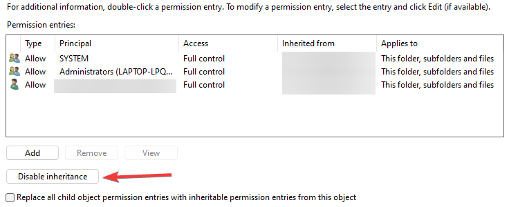 Кнопка отключения наследования прав