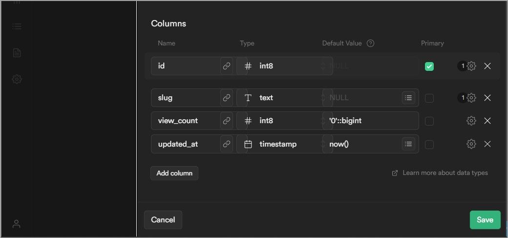 Колонки таблицы views в Supabase