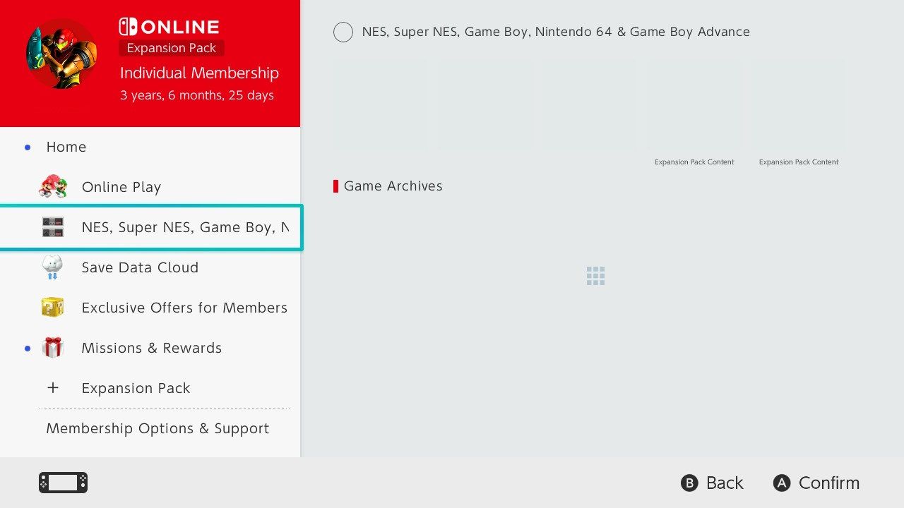 Скриншот главного меню Nintendo Switch Online с выделенными эмуляторами
