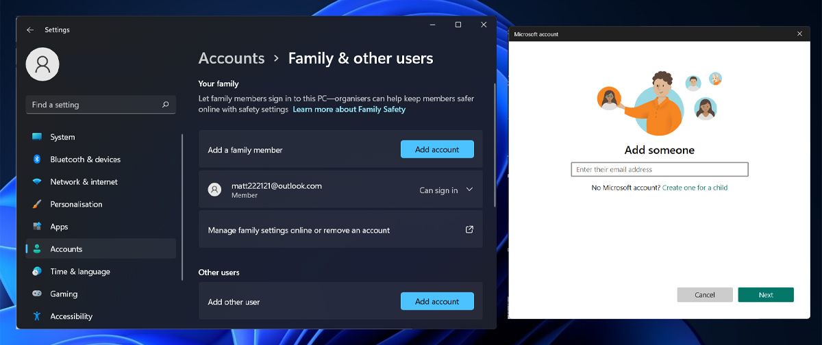 Создание учётной записи ребёнка