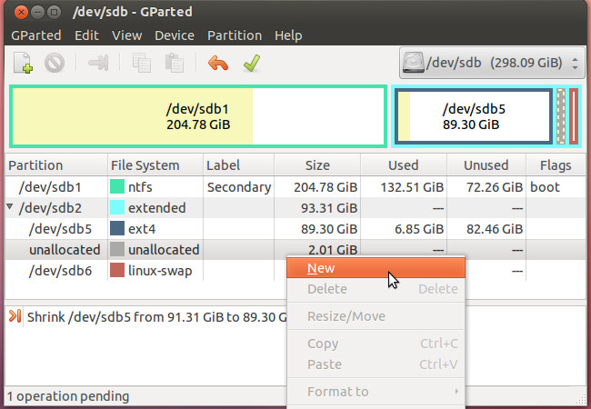 Создание нового раздела из незанятого пространства
