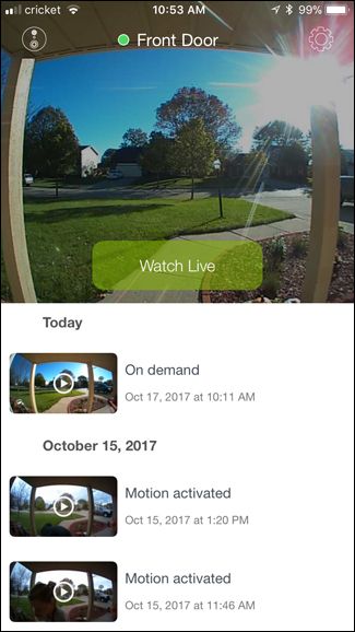 Скриншот экрана истории SkyBell