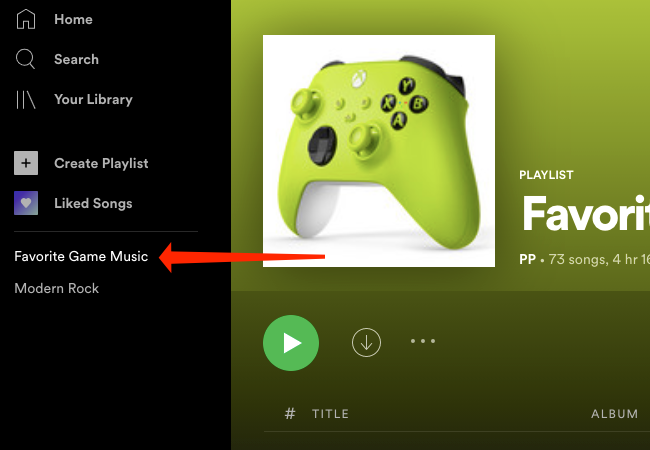 Выберите плейлист в левой панели Spotify на компьютере