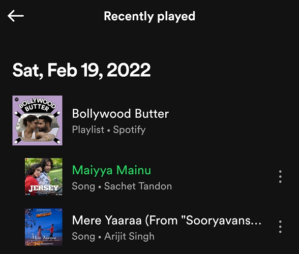 Страница истории прослушиваний Recently Played в мобильном приложении Spotify