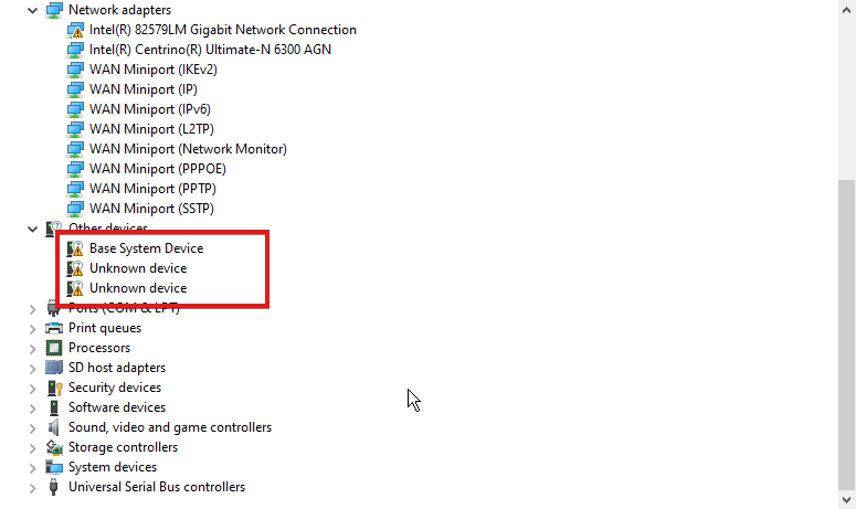 Иконки ошибок напротив устройств в Диспетчере