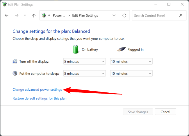 Нажмите Изменить дополнительные параметры питания.