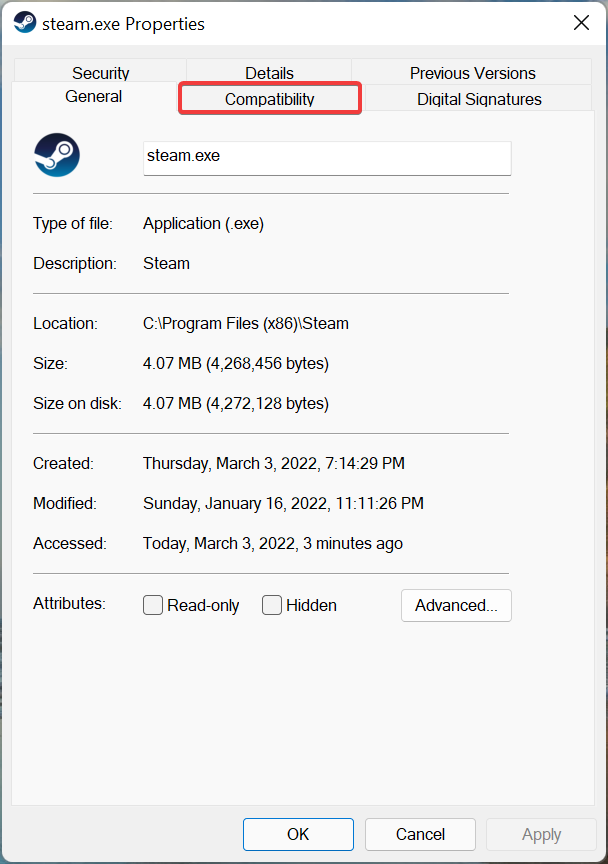Вкладка совместимости в свойствах файла