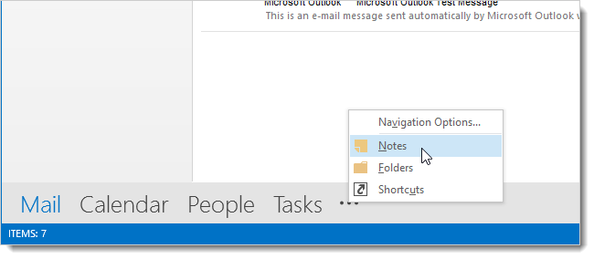 Открытие раздела Заметки в Outlook