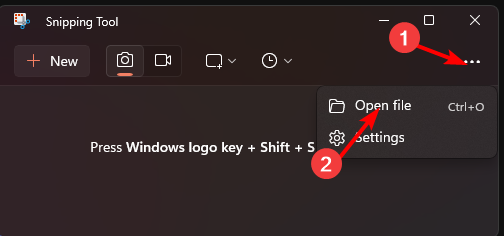 Меню Snipping Tool с опцией Открыть файл