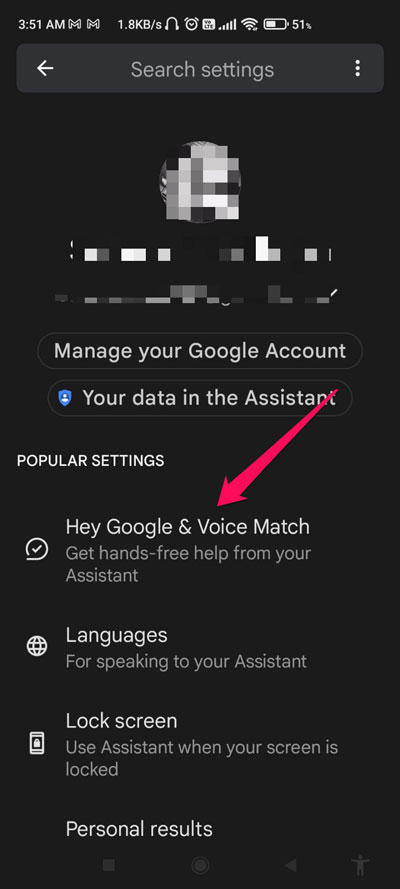 Пункт Hey Google & Voice Match в настройках