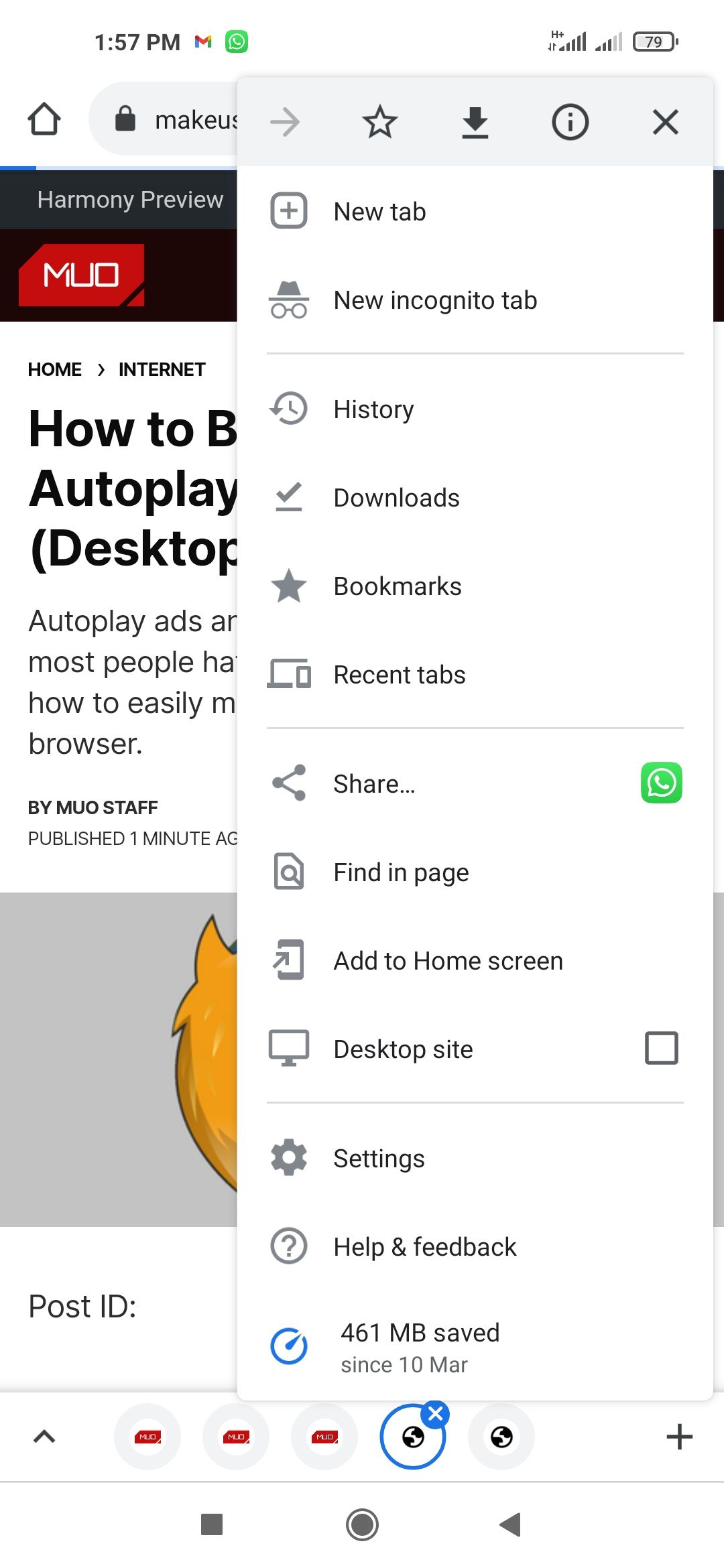 Меню включения cookie — мобильный Chrome (тап) 