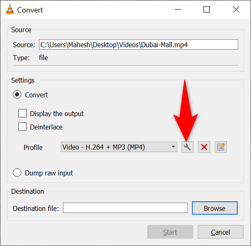Значок инструмента рядом с настройками профиля в окне Convert.