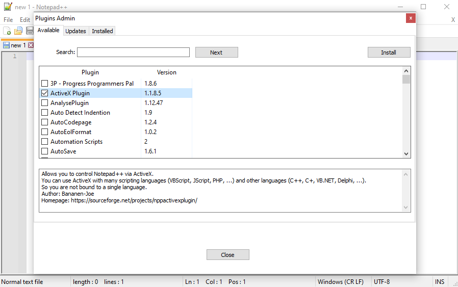 Установка плагина через Plugins Admin