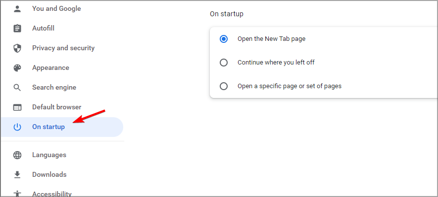 Переход в раздел При запуске в настройках Chrome