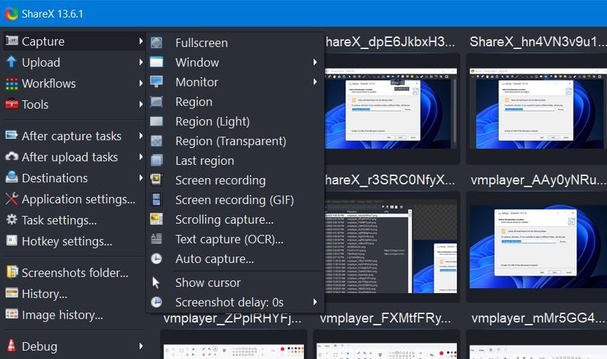 Меню Capture в ShareX