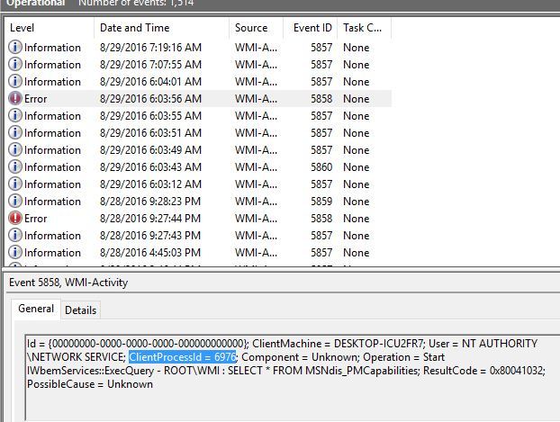 Просмотр записи события WMI и ClientProcessID