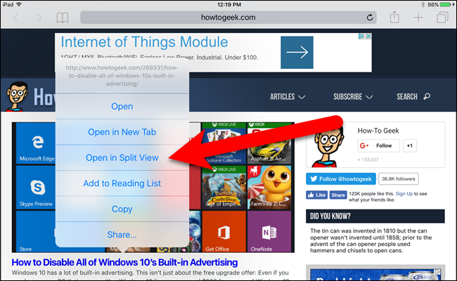 Долгое нажатие на ссылку и выбор «Open in Split View»
