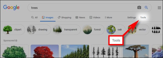 Кнопка «Инструменты» в результатах поиска изображений Google
