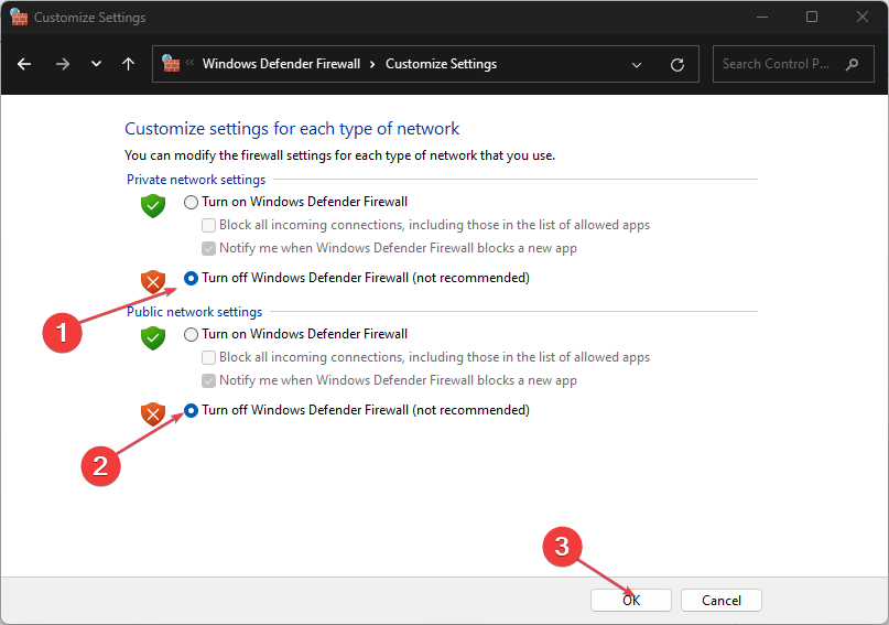 Параметры отключения брандмауэра для частной и общественной сети