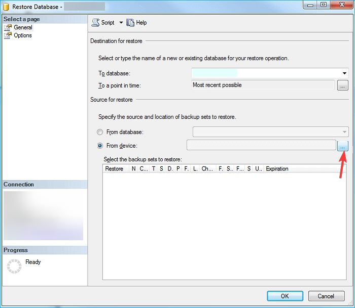 Окно выбора источника для восстановления резервной копии