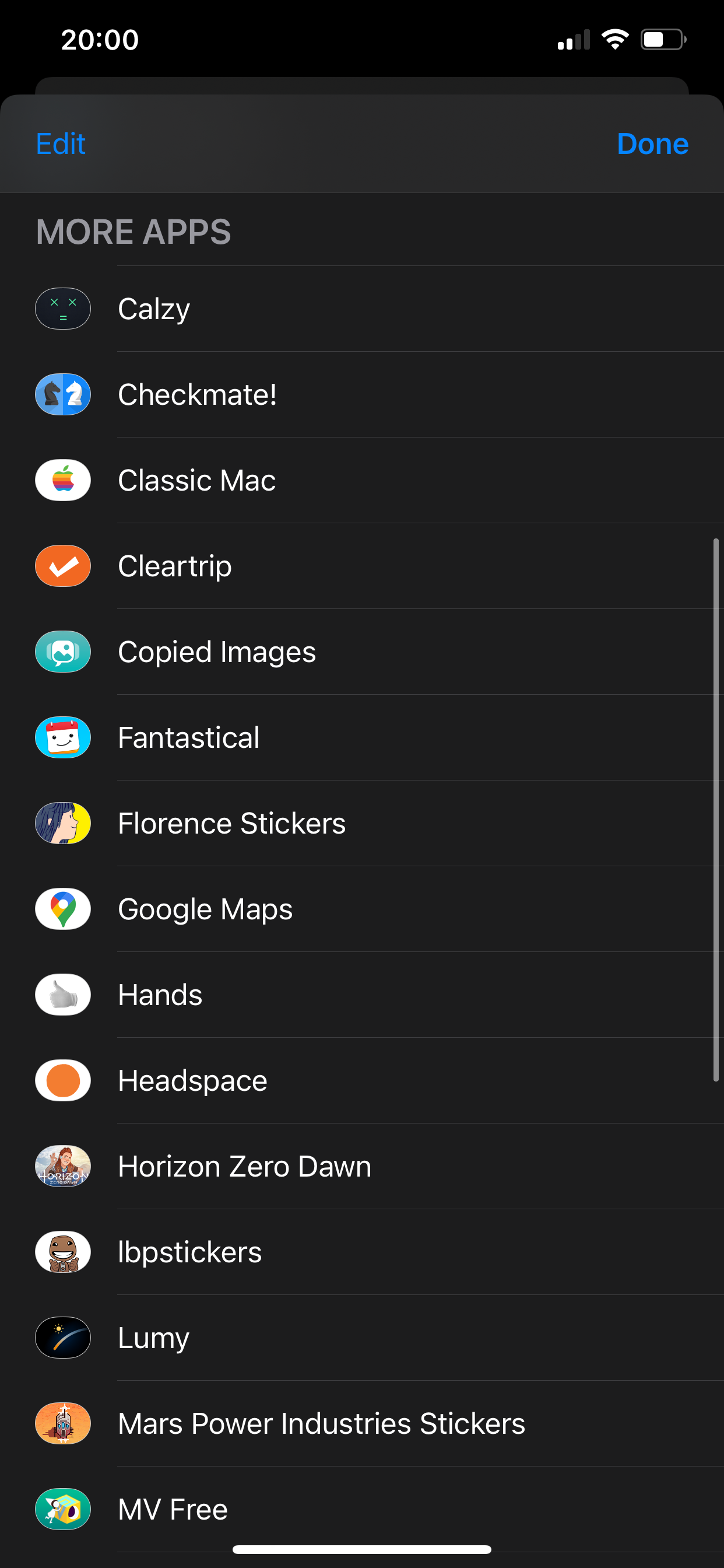 Список приложений iMessage на iPhone