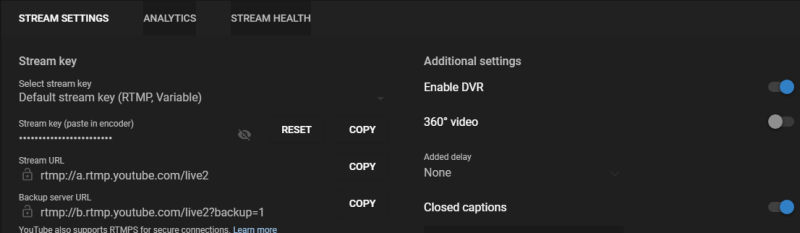 Настройки STREAM SETTINGS с опцией автоматических субтитров