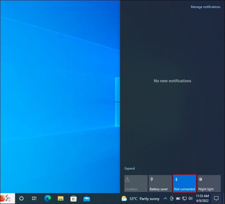 Значок Bluetooth в Центре уведомлений Windows 10