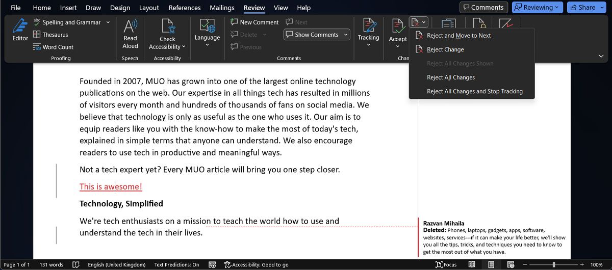 Отклонение правок в Word