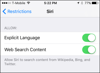 Параметры Siri‑ограничений: явный язык и веб‑поиск