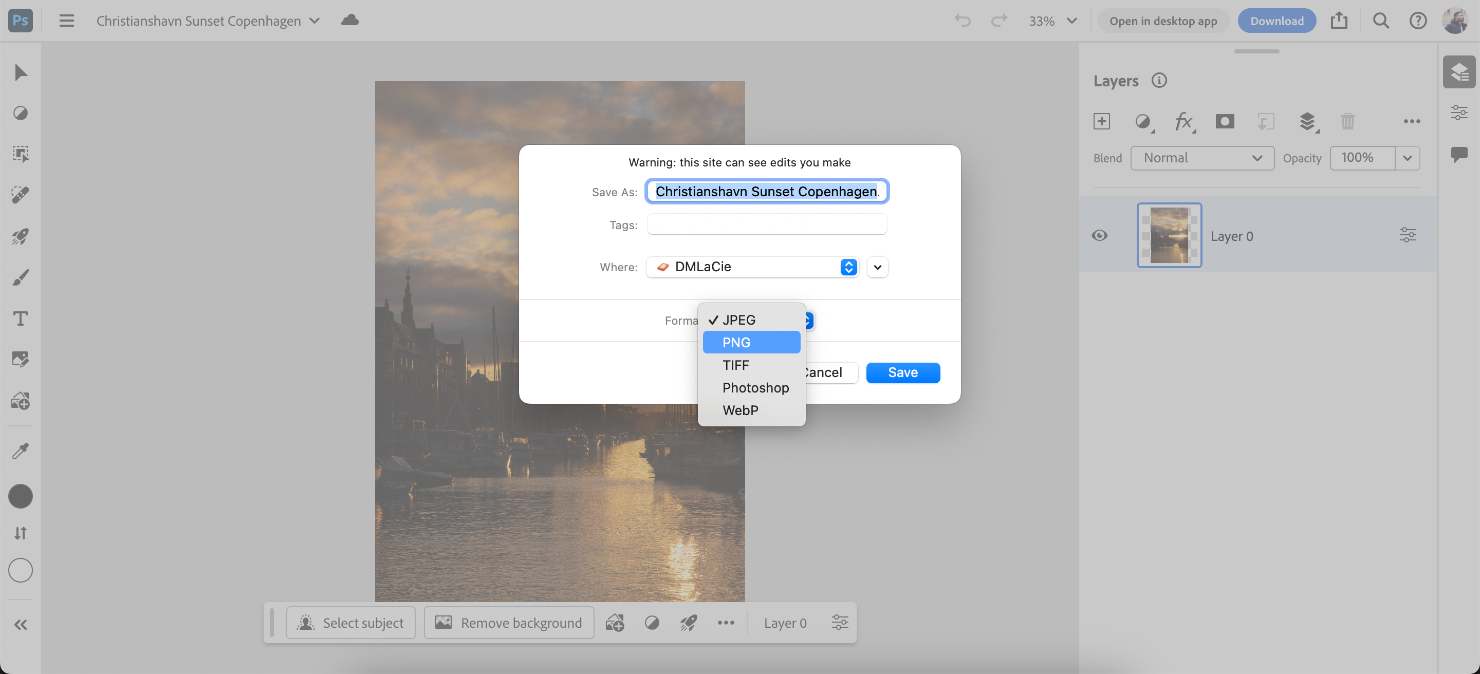 Опция сохранения как PNG в веб-версии Photoshop