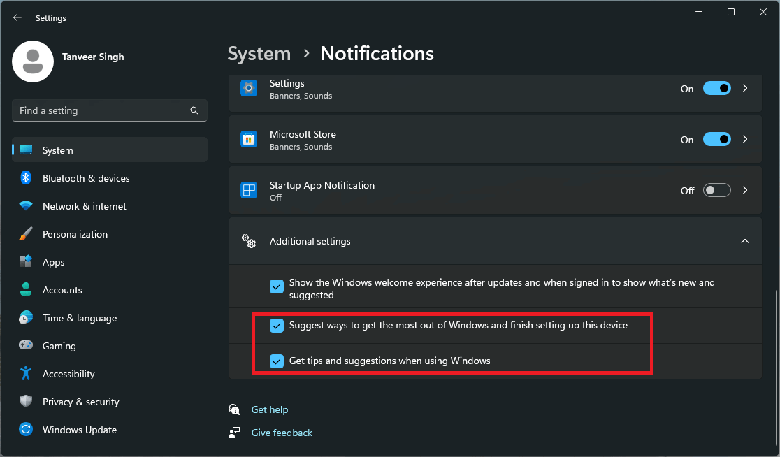Отключение дополнительных параметров с советами и подсказками в Уведомлениях.