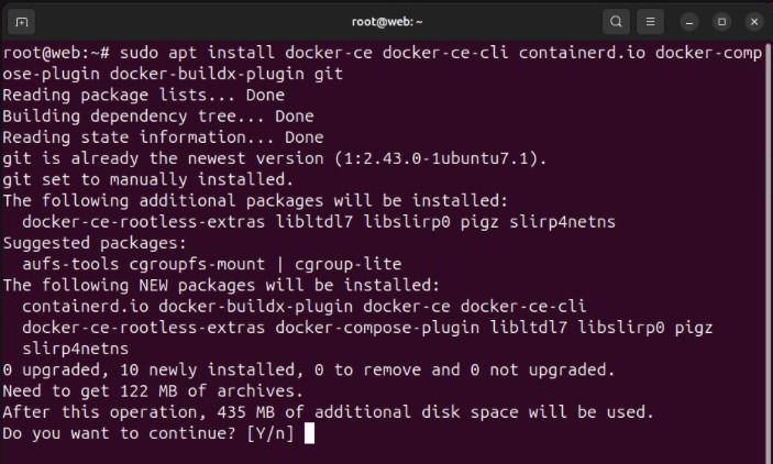 Терминал с процессом установки Docker, его плагинов и Git.