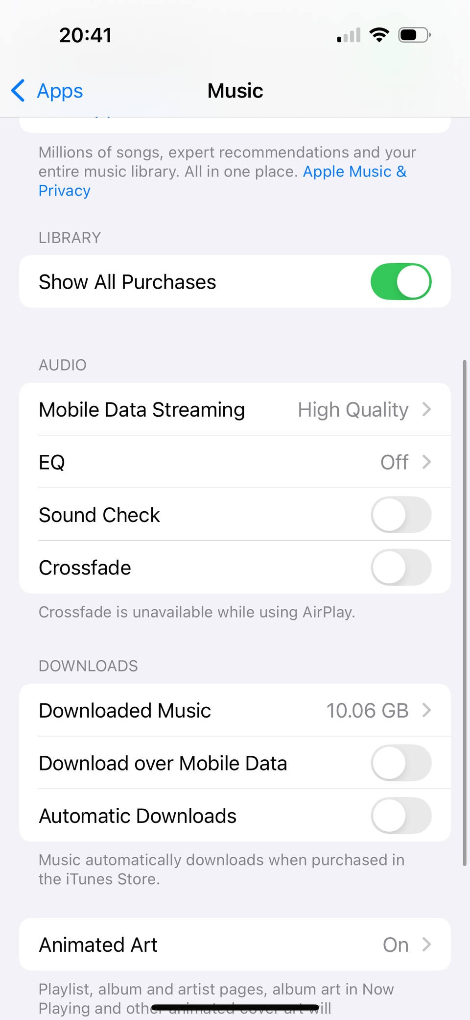 Изменение музыкальных настроек на iPhone