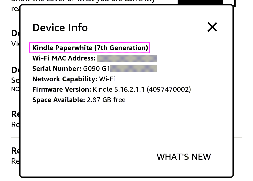 Всплывающее окно с названием модели Kindle