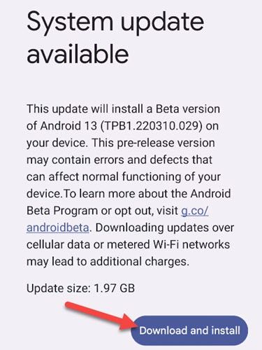 Кнопка «Download and Install» в обновлениях системы.