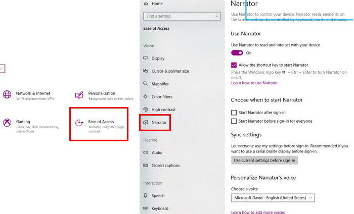Секция параметров Narrator для включения функции