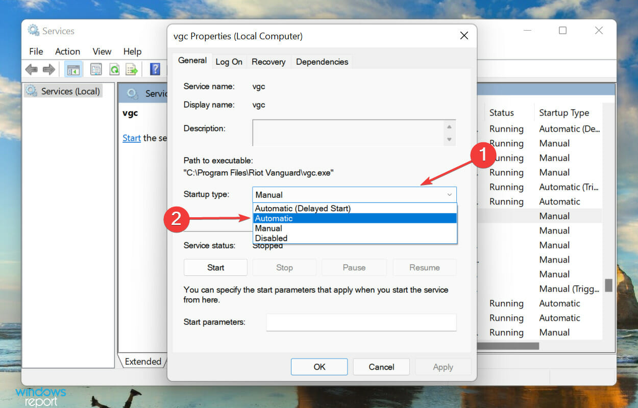 Измените тип запуска на Автоматически