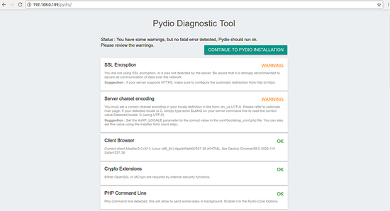 Экран установщика Pydio — проверка системы