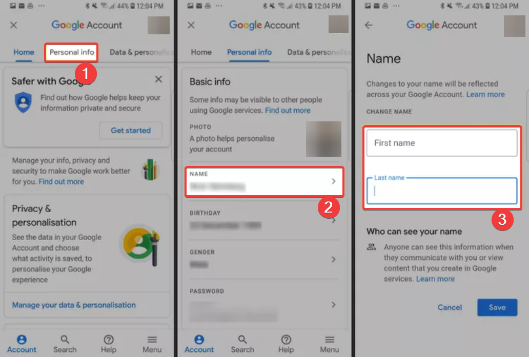 Изменение имени в Google на Android