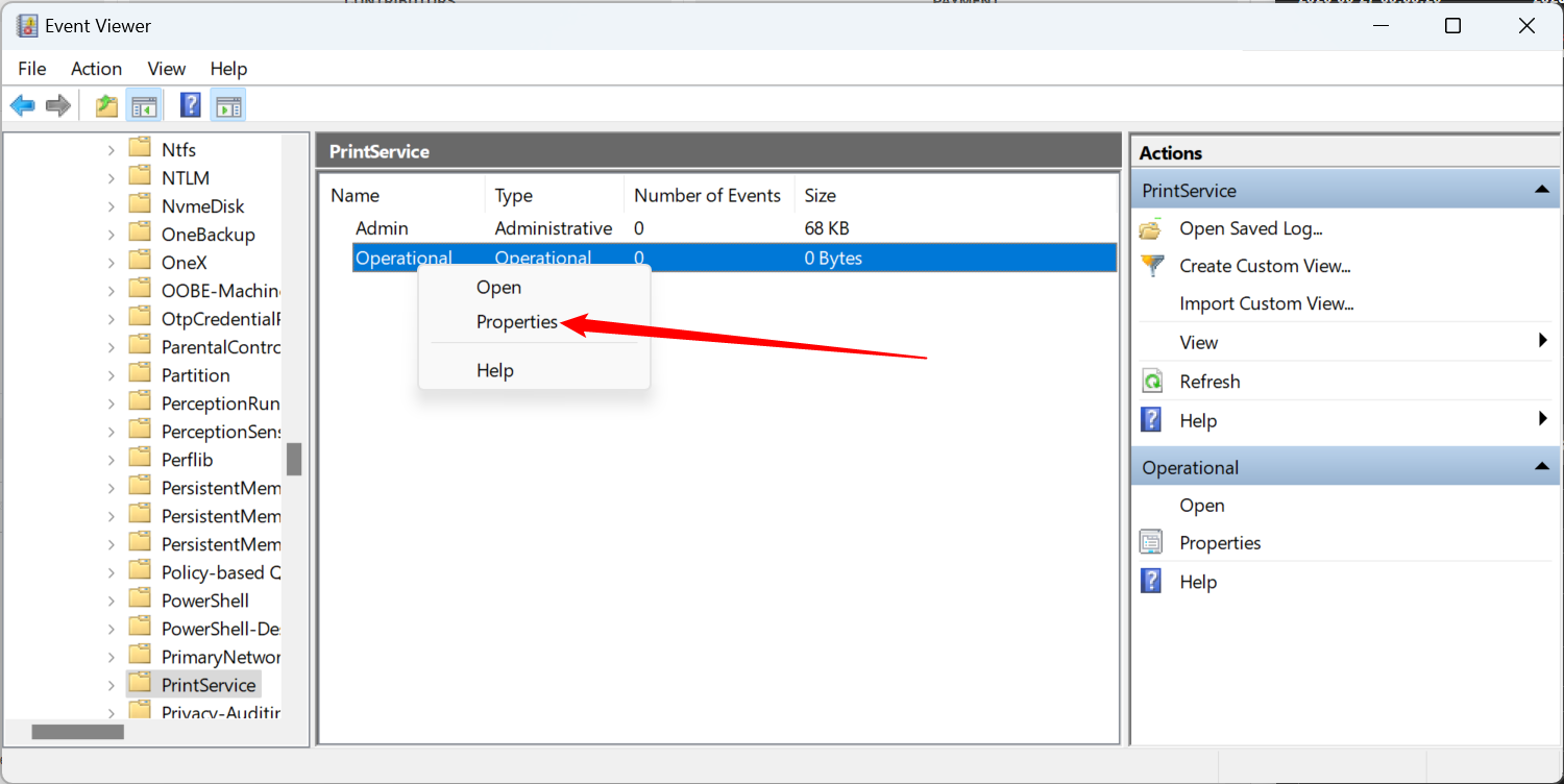 Свойства журнала Operational PrintService