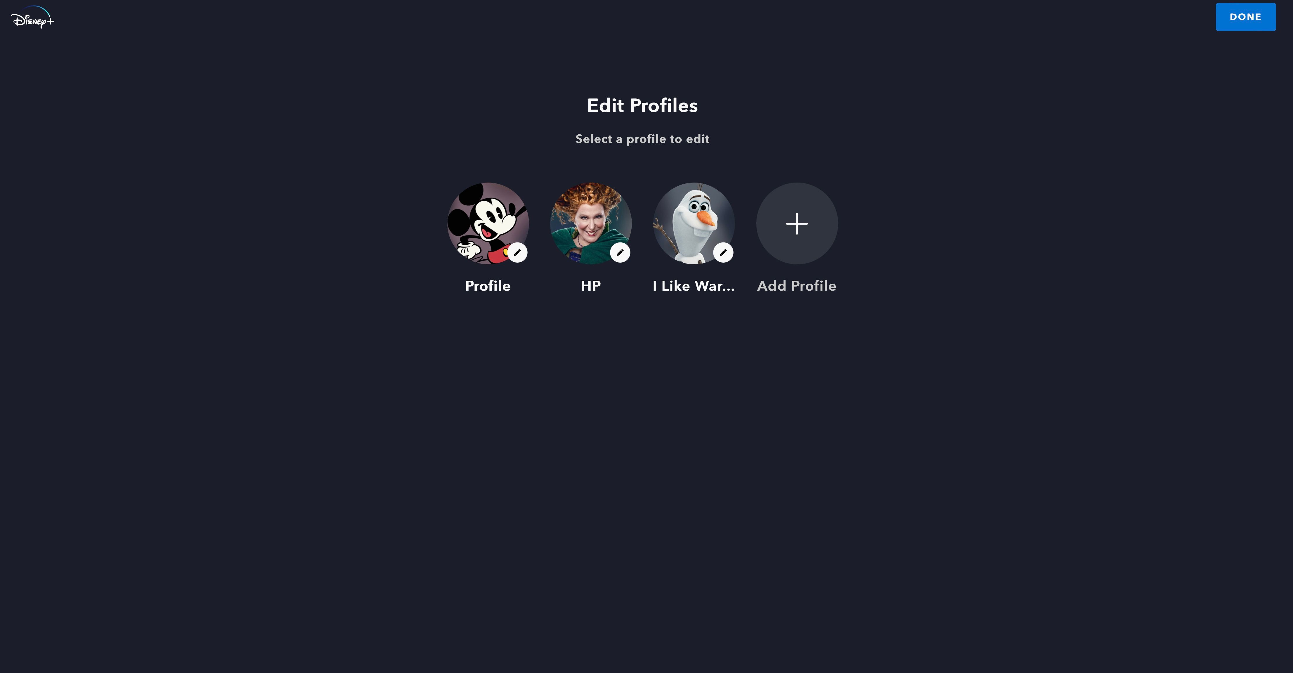 Страница редактирования профиля Disney на десктопе с иконками редактирования