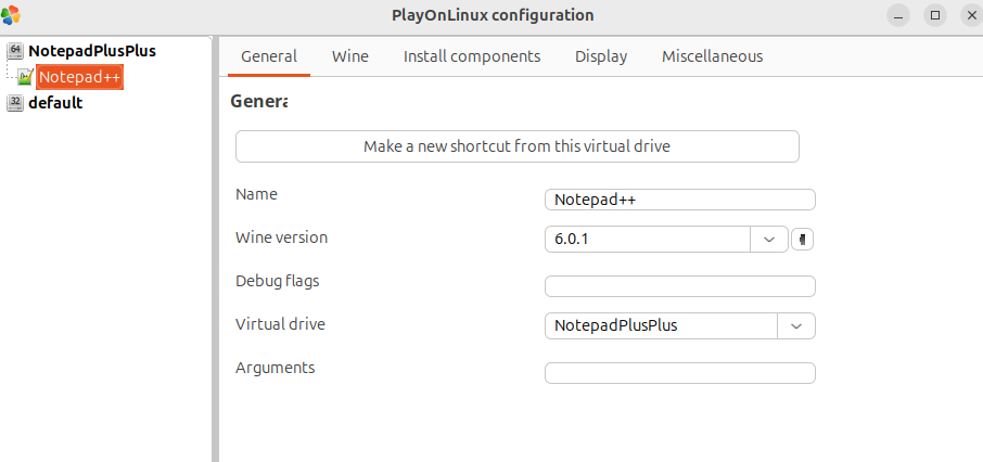 Окно конфигурации PlayOnLinux.