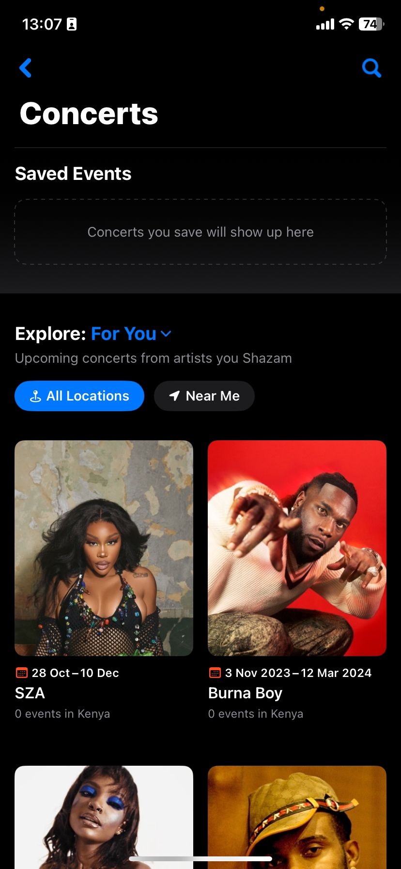 Страница Concerts в Shazam со списком предстоящих концертов