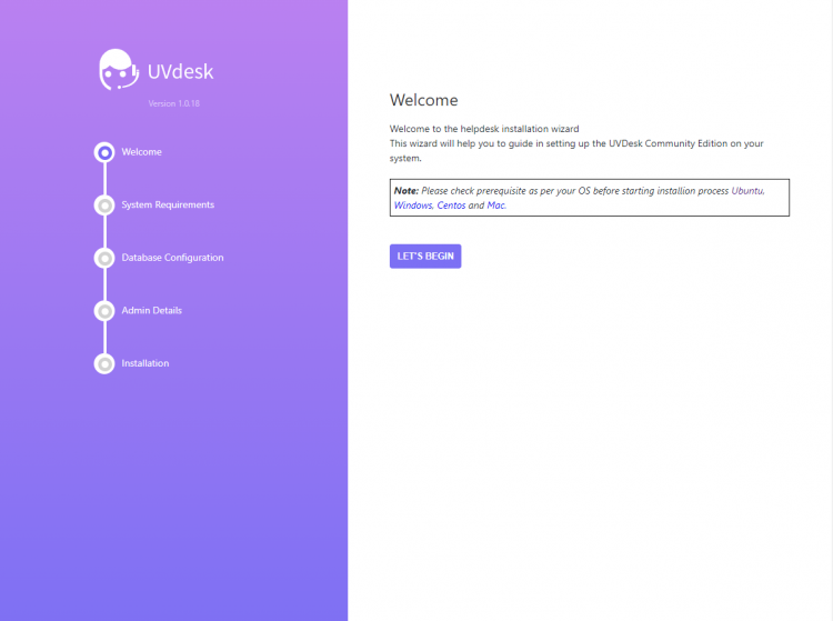 Экран установки UVdesk — начальная страница установщика
